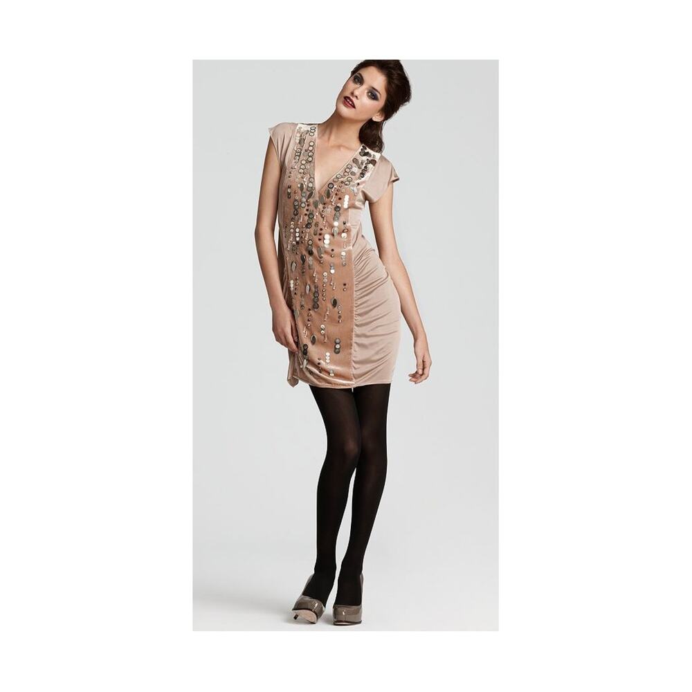Nanette Lepore Silk Velvet Dress Womens Size 4 Cream Beaded V-Neck Mini Cocktail